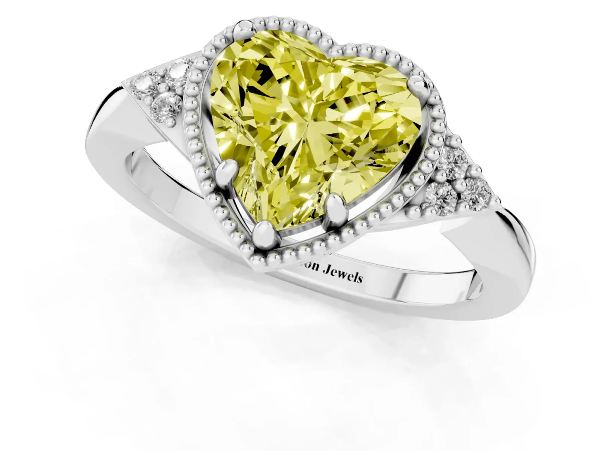 Fancy Yellow Hexagonal Halo Heart Cut Diamond Solitaire with Pavé Band and Four-Prong Setting Silver