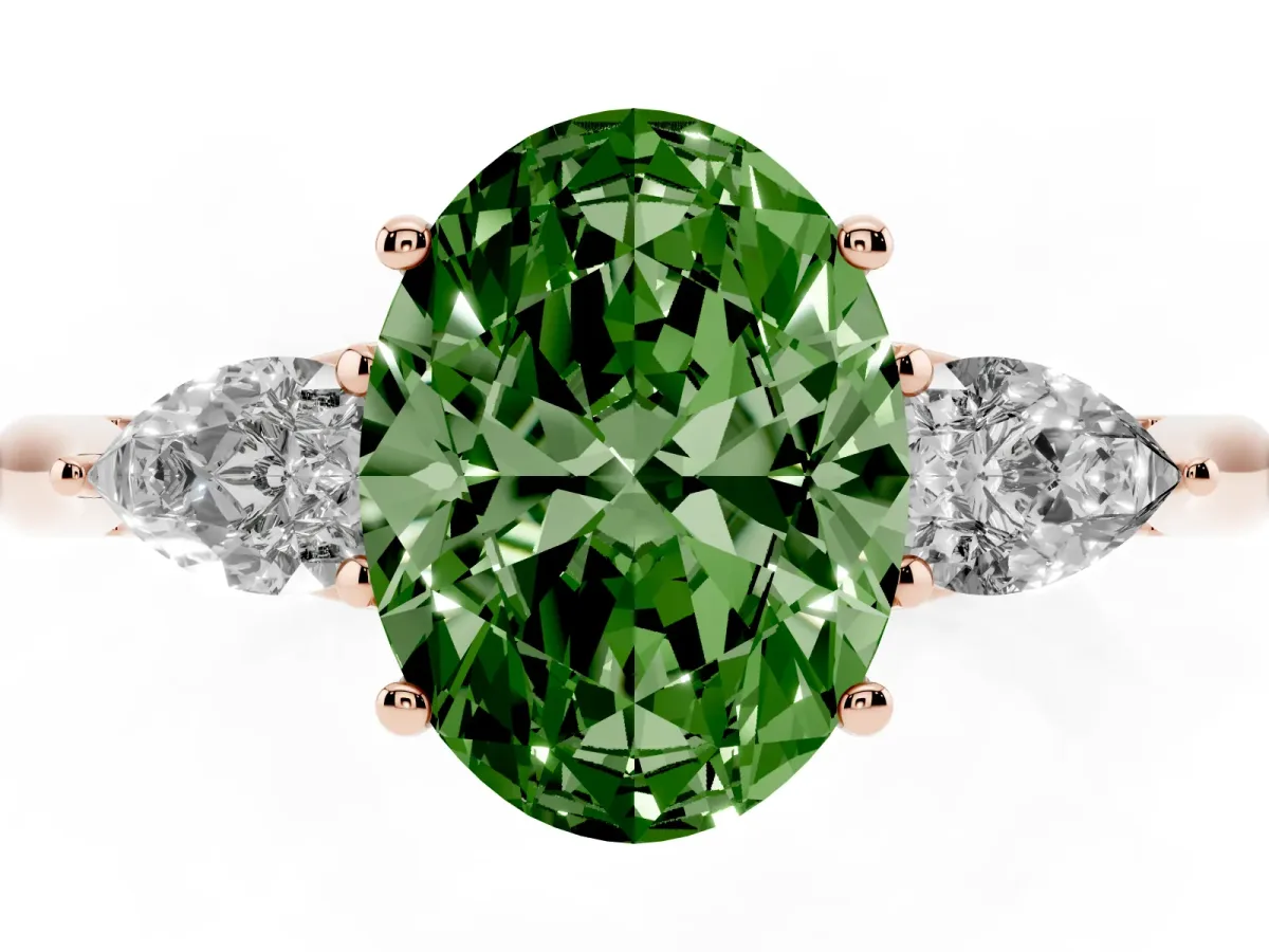 Fancy Green Three-Stone Oval Cut Diamond Ring with Pear Side Stones in Four-Prong Setting Rose gold