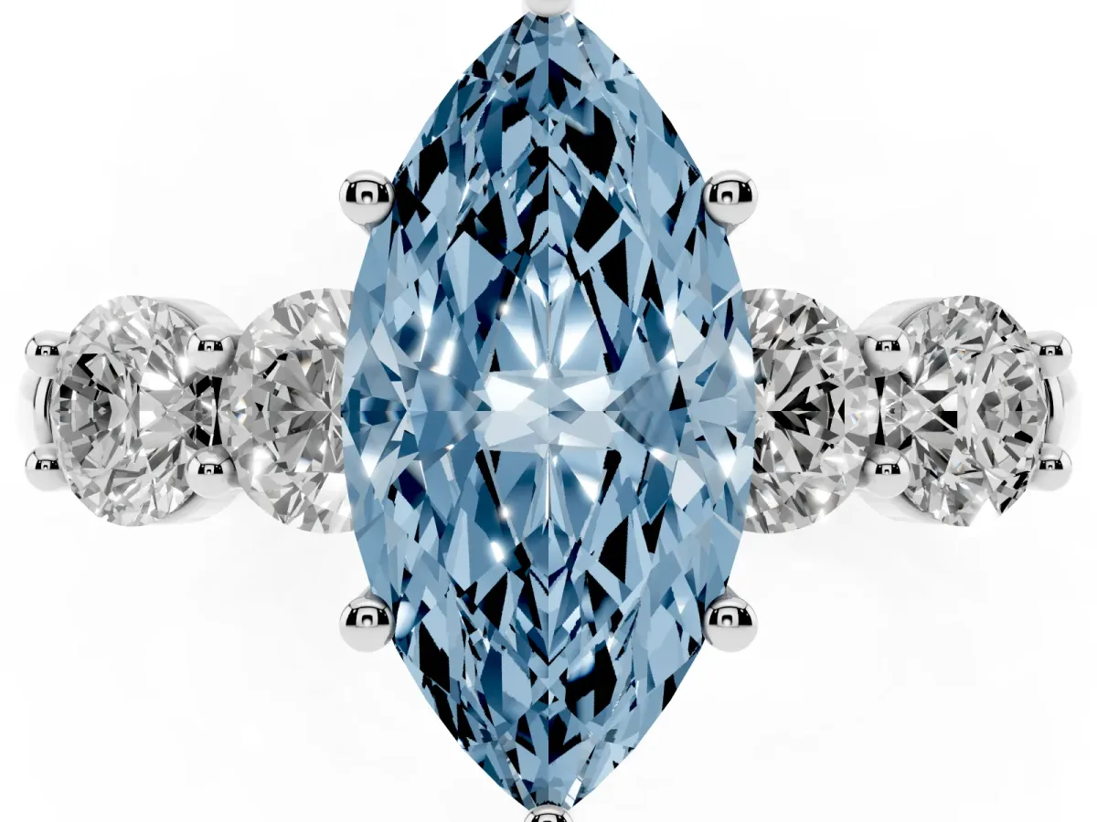 Fancy Blue Marquise Cut Cut Five-Stone Prong Set Diamond Ring with Classic Band Silver