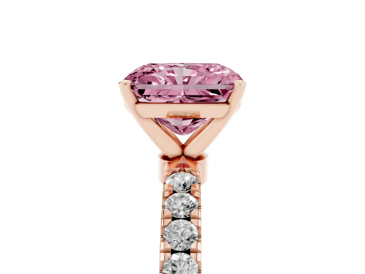 Fancy Pink Radiant Cut Diamond Solitaire Ring with Pavé Accents and Four-Prong Setting Rose gold