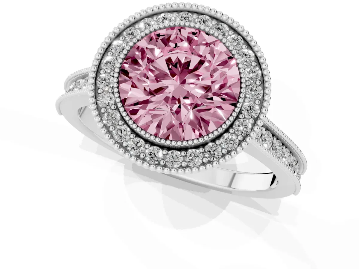Fancy Pink Halo Round Cut-Cut Diamond Pave Band Milgrain Prong Setting Ring Platinum