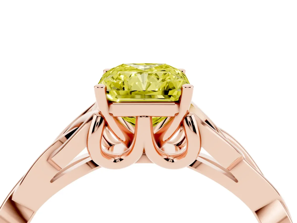 Fancy Yellow Radiant Cut Diamond Solitaire Engagement Ring with Celtic Knot Band and Four-Prong Setting Rose gold