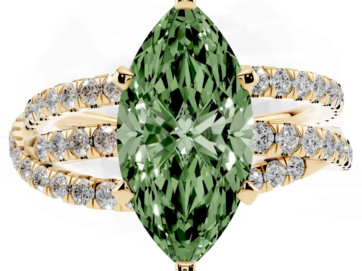 Fancy Green Marquise Cut Solitaire Twist Band with Pavé Setting and Four-Prong Setting Yellow gold