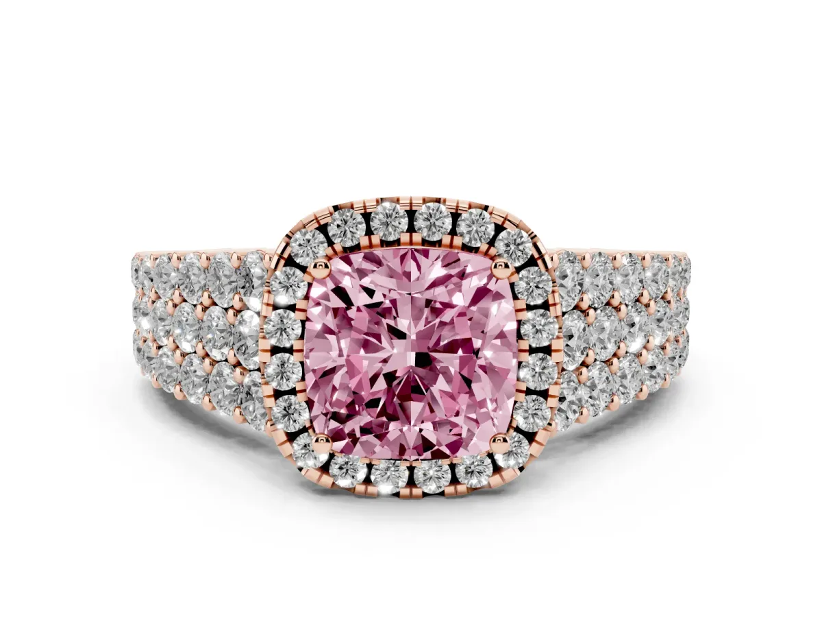 Fancy Pink Cushion Cut Diamond Halo Engagement Ring with Triple Row Round Pavé Band and Prong Setting Rose gold