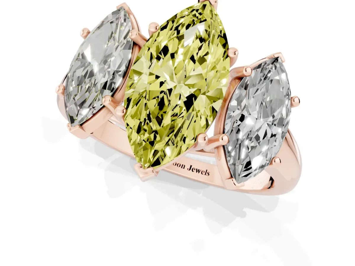 Fancy Yellow Three-Stone Marquise Cut Diamond Engagement Ring with Prong Setting Rose gold