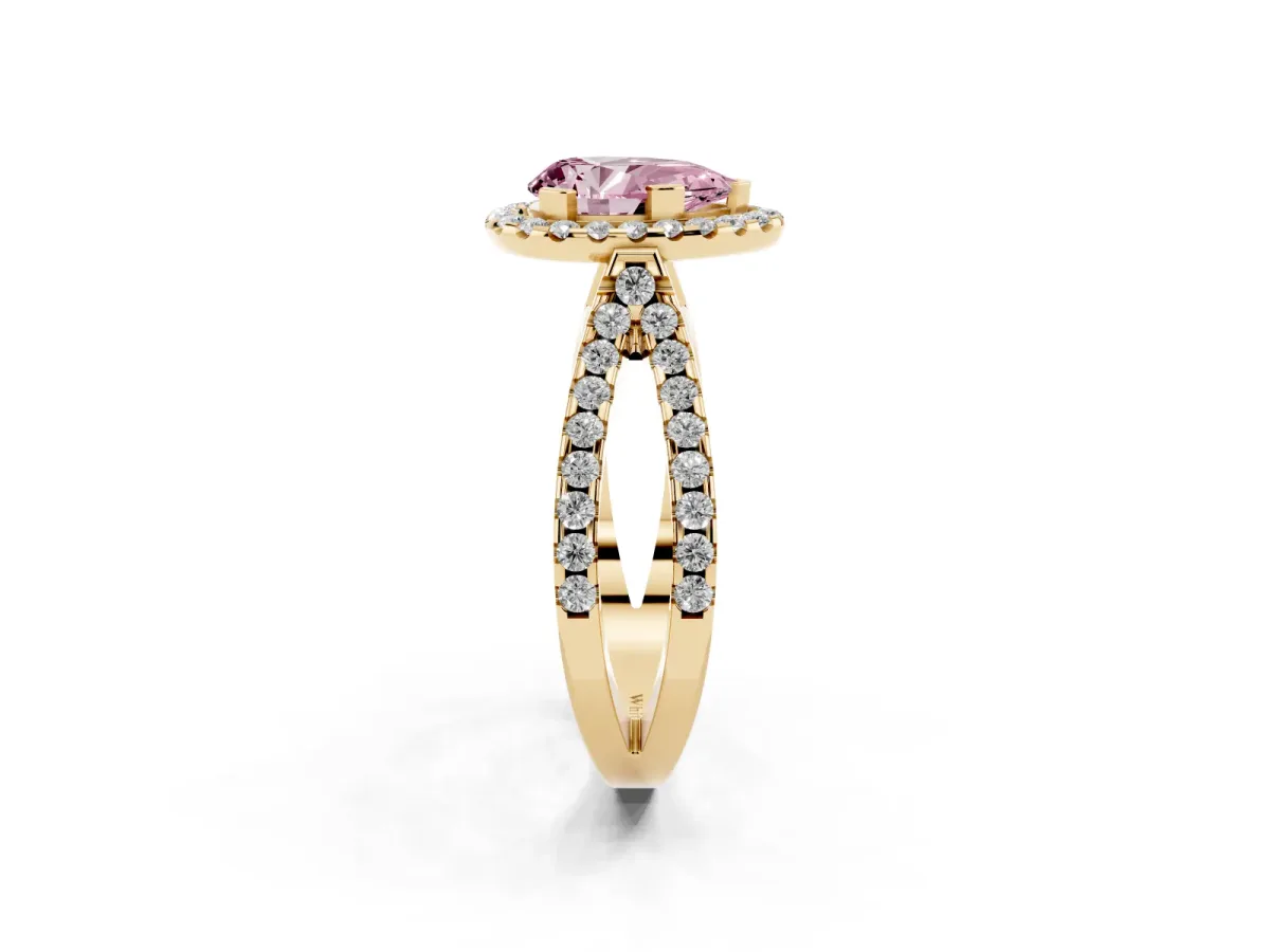 Fancy Pink Pear Cut Diamond Halo Ring with Split Shank Pavé Band and Prong Setting Yellow gold
