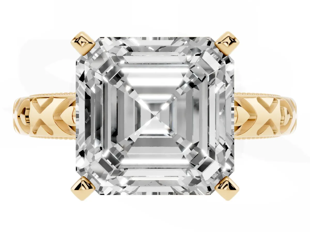 Asscher Cut Solitaire Diamond Engagement Ring with XO Engraved Band and Four-Prong Setting Yellow gold