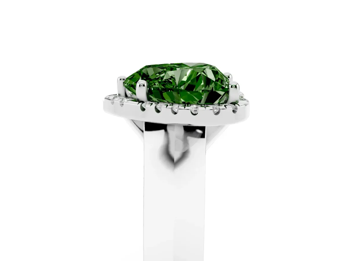 Fancy Green Heart Cut Halo Diamond Ring with Cathedral Band and Four-Prong Setting White gold