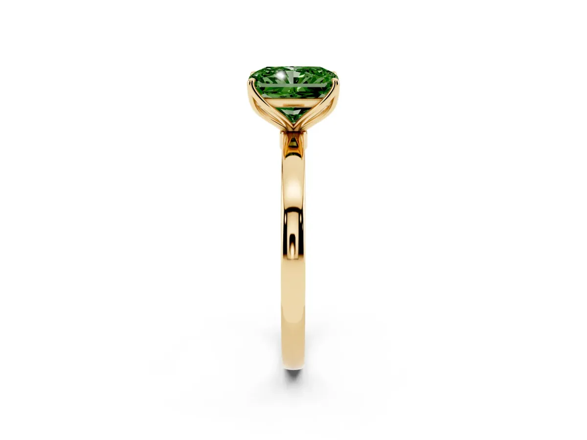Fancy Green Radiant Cut Diamond Solitaire Ring with Thin Band and Prong Setting Yellow gold