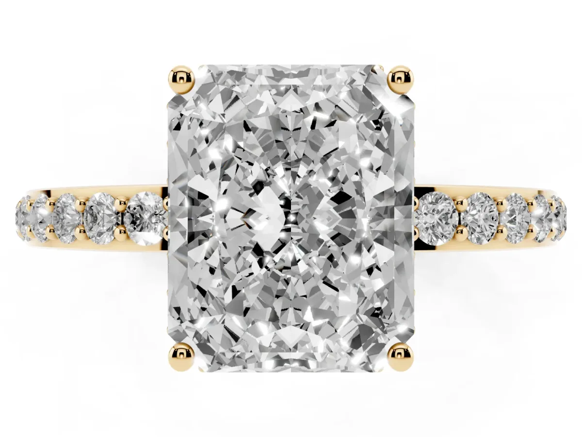 Radiant Cut Diamond Solitaire Ring with Pavé Band and Hidden Halo Yellow gold