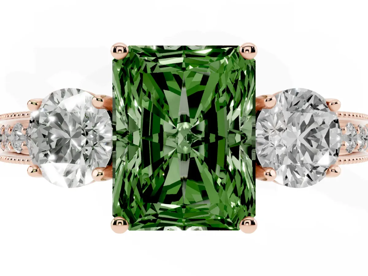 Fancy Green Radiant Cut Three-Stone Diamond Ring with Pavé Band and Four-Prong Setting Rose gold