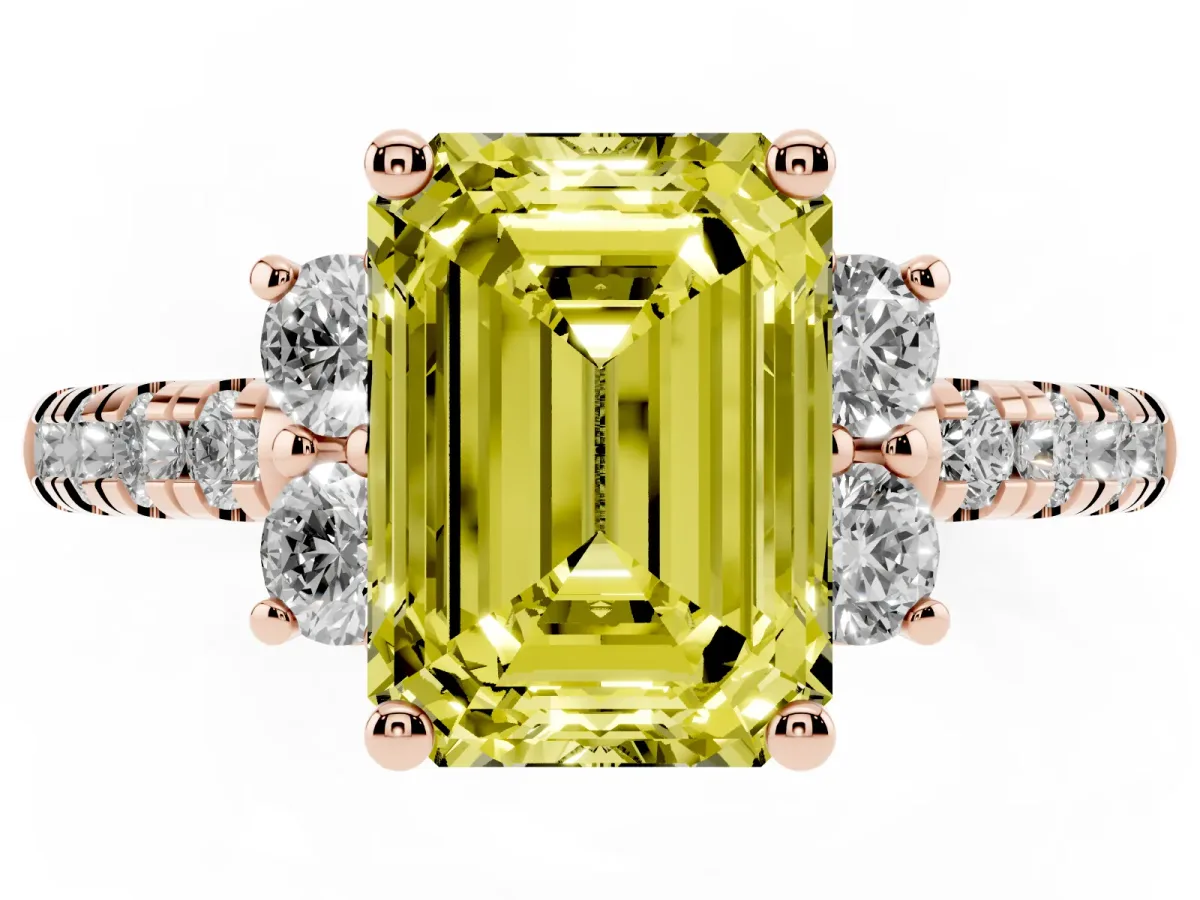 Fancy Yellow Emerald Cut Diamond Three-Stone Pave Band with Four-Prong Setting Rose gold