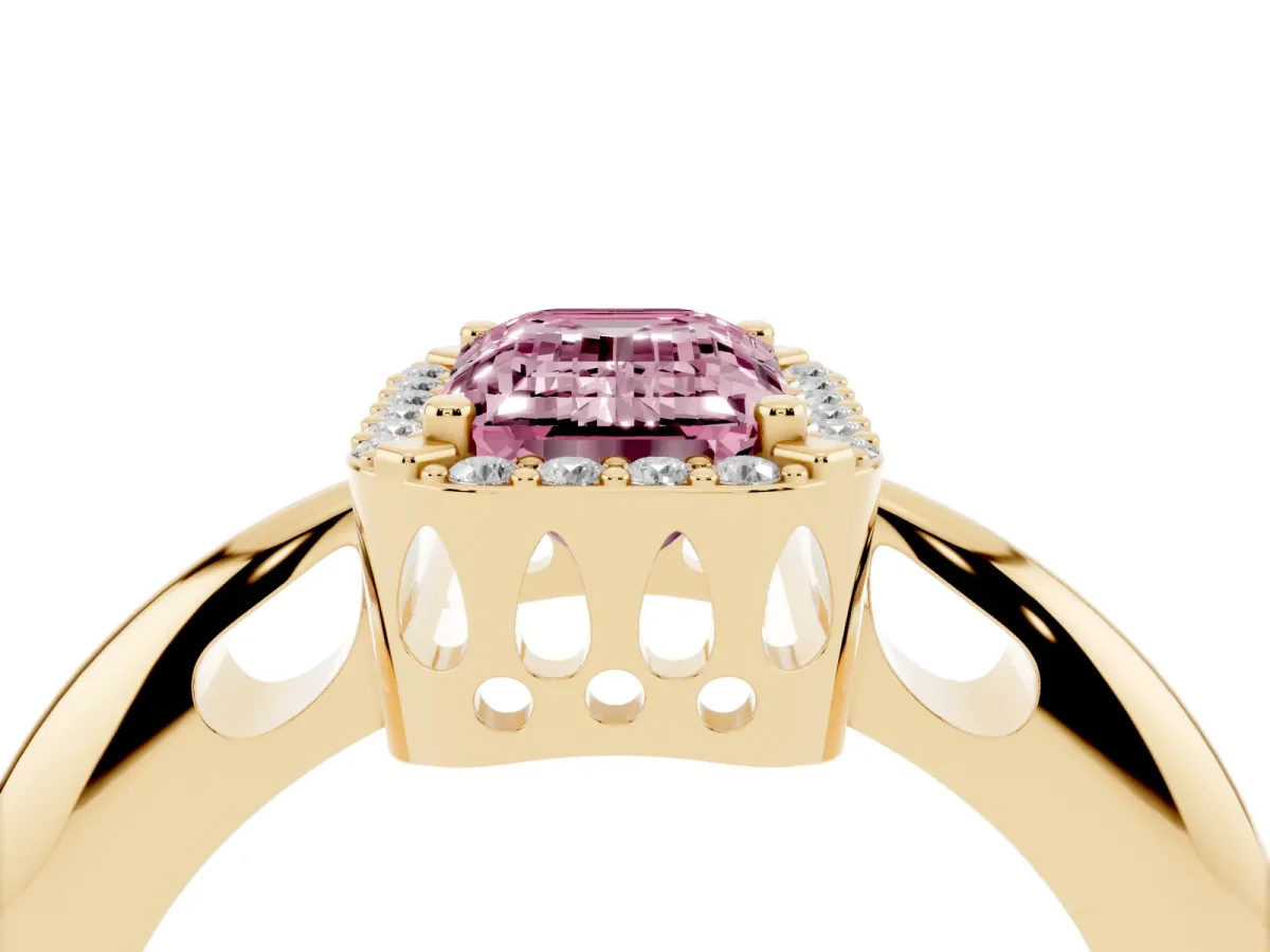 Fancy Pink Emerald Cut Cut Diamond Halo Engagement Ring with Split Shank and Four-Prong Setting Yellow gold