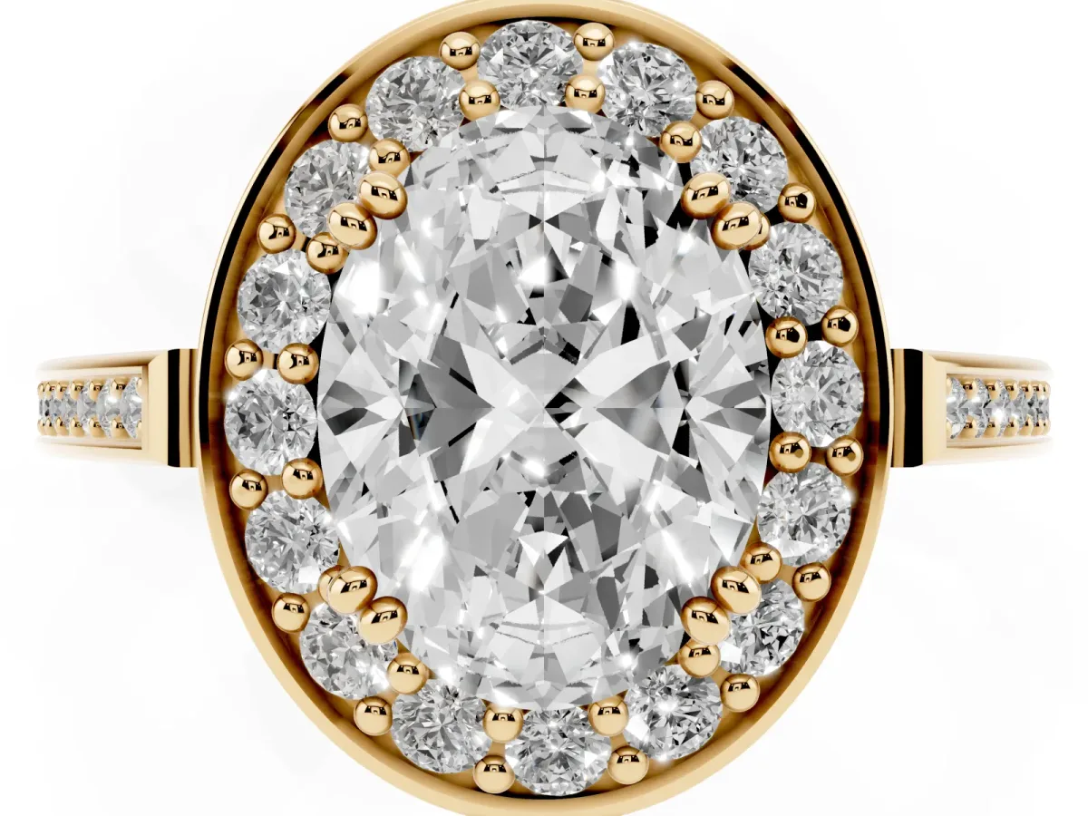 Oval Cut Diamond Halo Ring with Split Shank and Four-Prong Setting Yellow gold