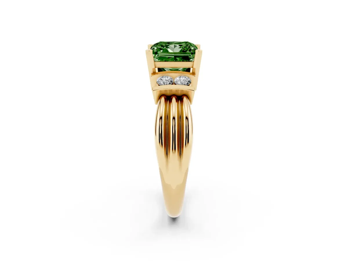 Fancy Green Princess Cut Cut Three-Stone Channel Set Ring with Bar Prongs Yellow gold