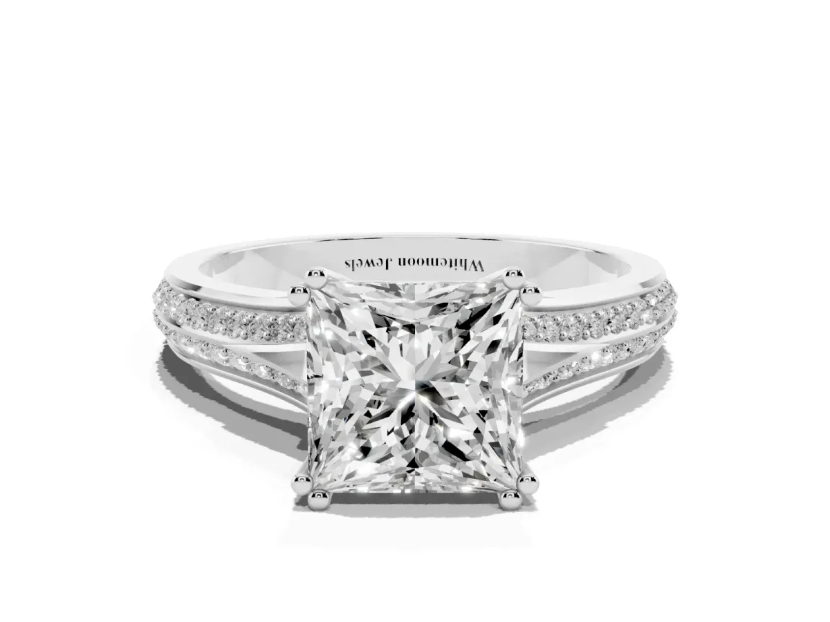 Princess Cut Diamond Split Shank Engagement Ring with Pavé Band White gold