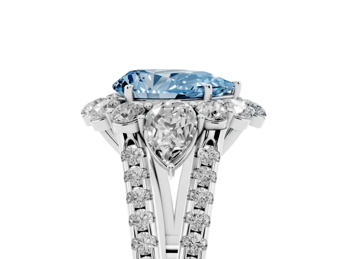 Fancy Blue Pear Cut Halo Split Shank Diamond Engagement Ring with Prong Setting Platinum