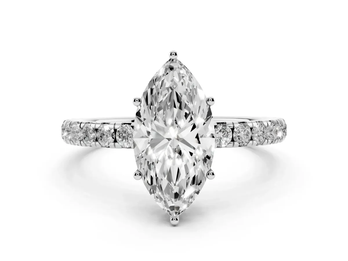 Marquise Cut Diamond Pavé Solitaire Engagement Ring with Four-Prong Setting Silver