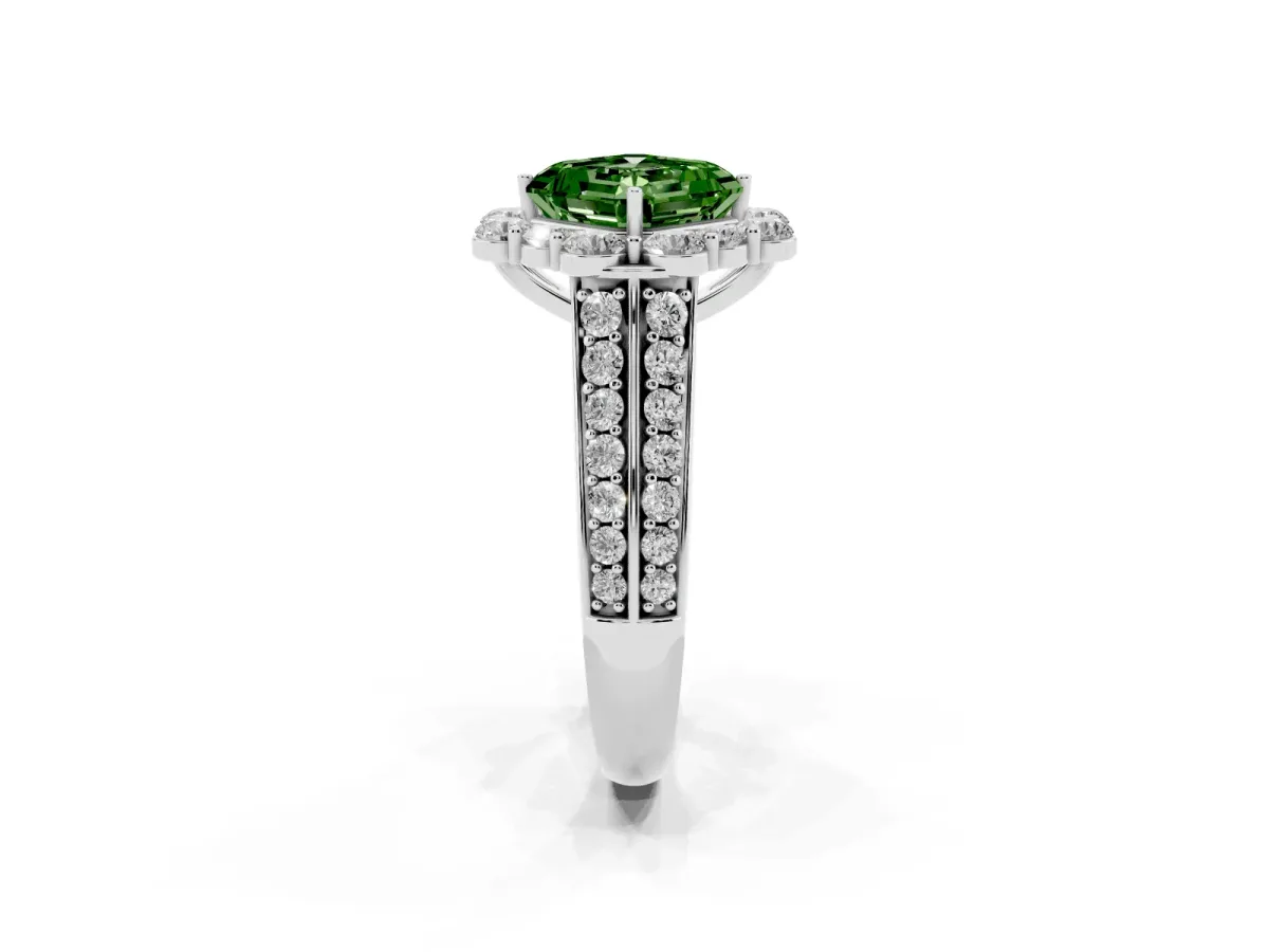 Fancy Green Asscher Cut Halo Diamond Engagement Ring with Split Shank and Prong Setting Silver