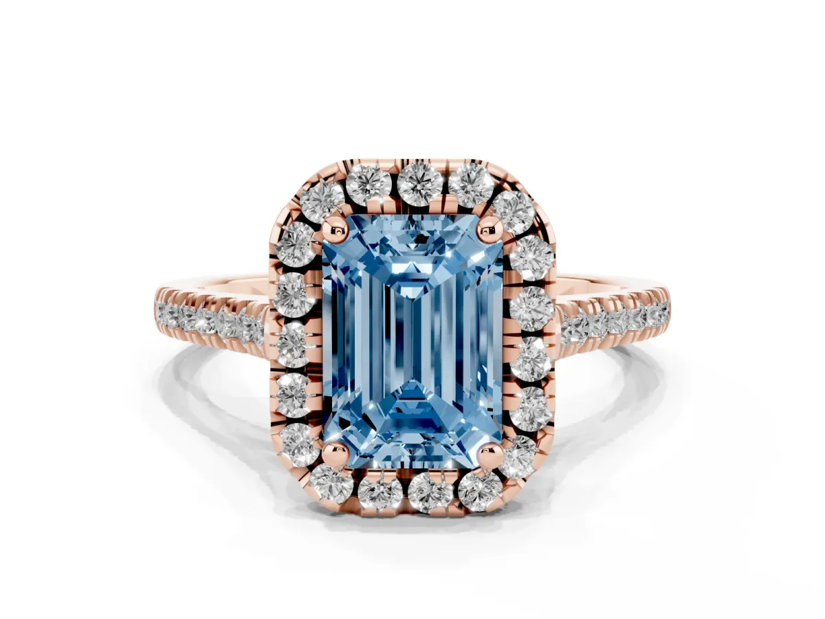Fancy Blue Emerald Cut Diamond Cushion Halo Ring with Pavé Band Rose gold