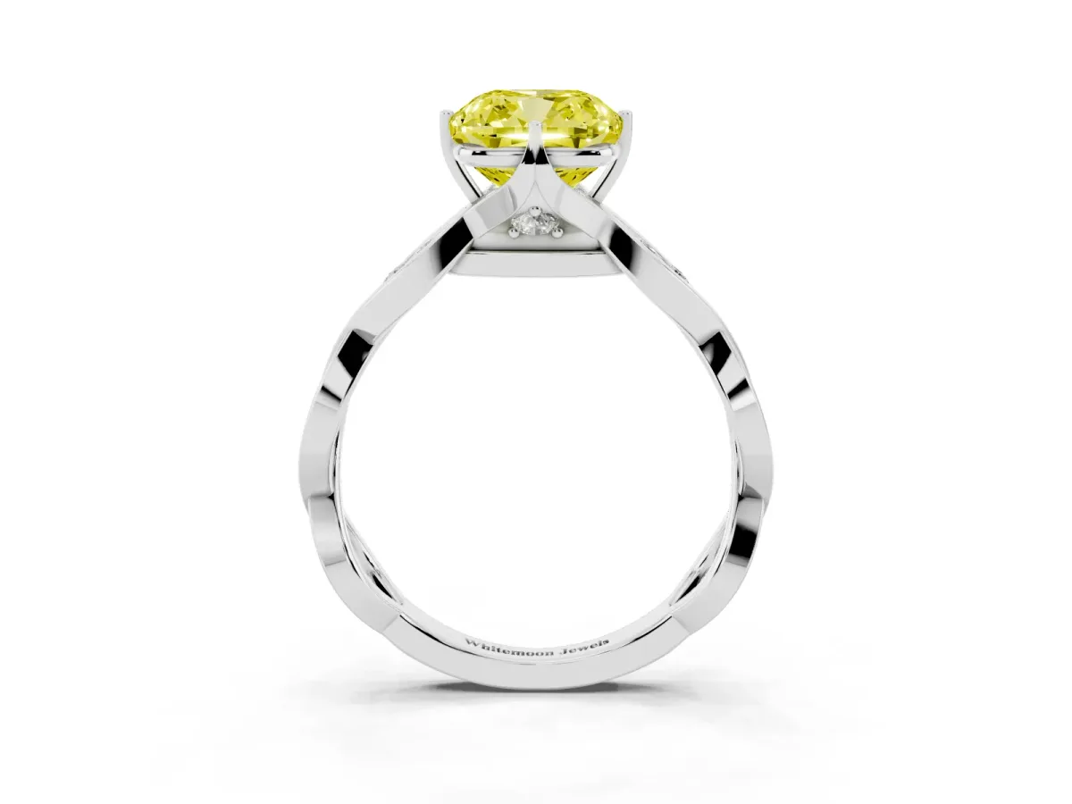 Fancy Yellow Cushion Cut Solitaire Twist Band with Leaf Prong Setting Silver
