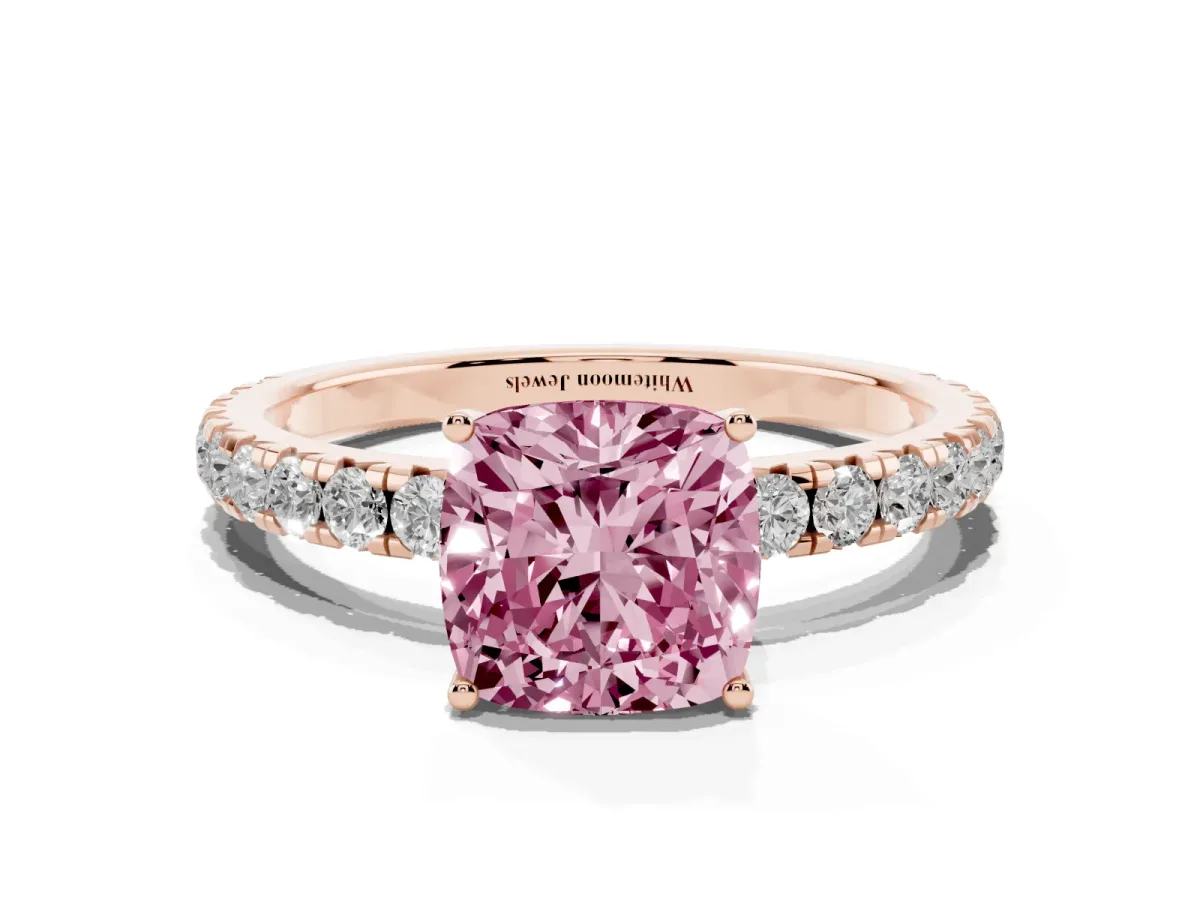 Fancy Pink Cushion Cut Diamond Pavé Solitaire Engagement Ring with Four-Prong Setting Rose gold