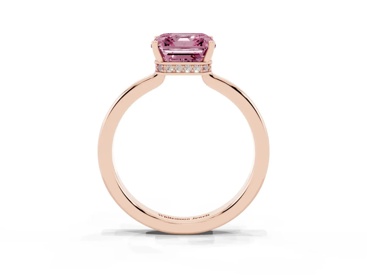 Fancy Pink Asscher Cut Cut Solitaire Engagement Ring with Four-Prong Setting on a Classic Band Rose gold