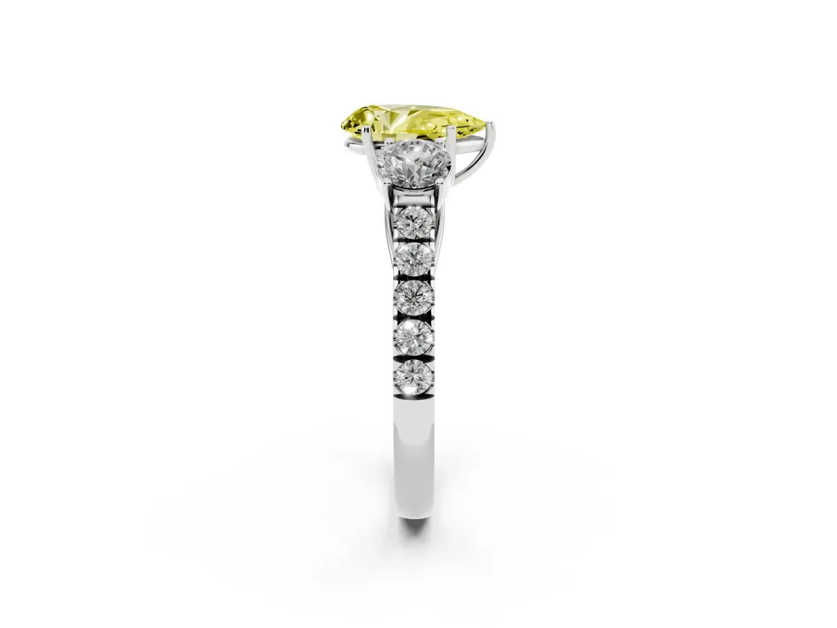 Fancy Yellow Pear Cut Cut Diamond Three-Stone Ring with Round Side Stones and Pavé Band Silver