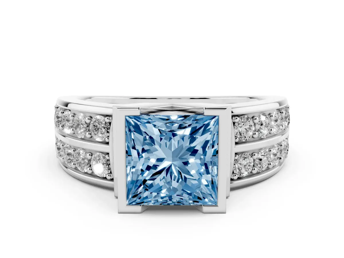 Fancy Blue Princess Cut Brilliant Diamond Channel Set Wide Band Ring with Bezel Setting White gold