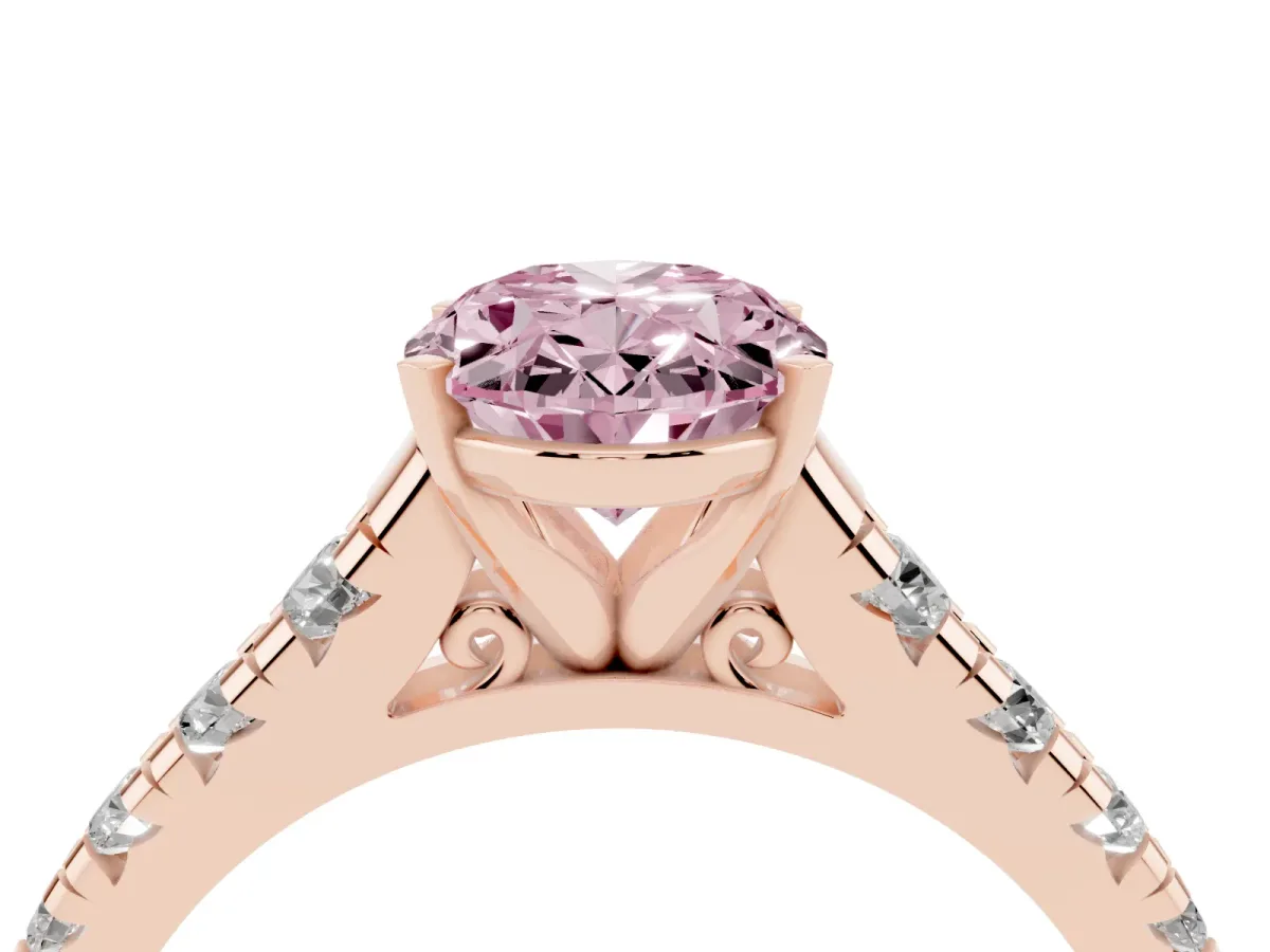 Fancy Pink Oval Cut Diamond Cathedral Solitaire Ring with Round Pavé Band Rose gold