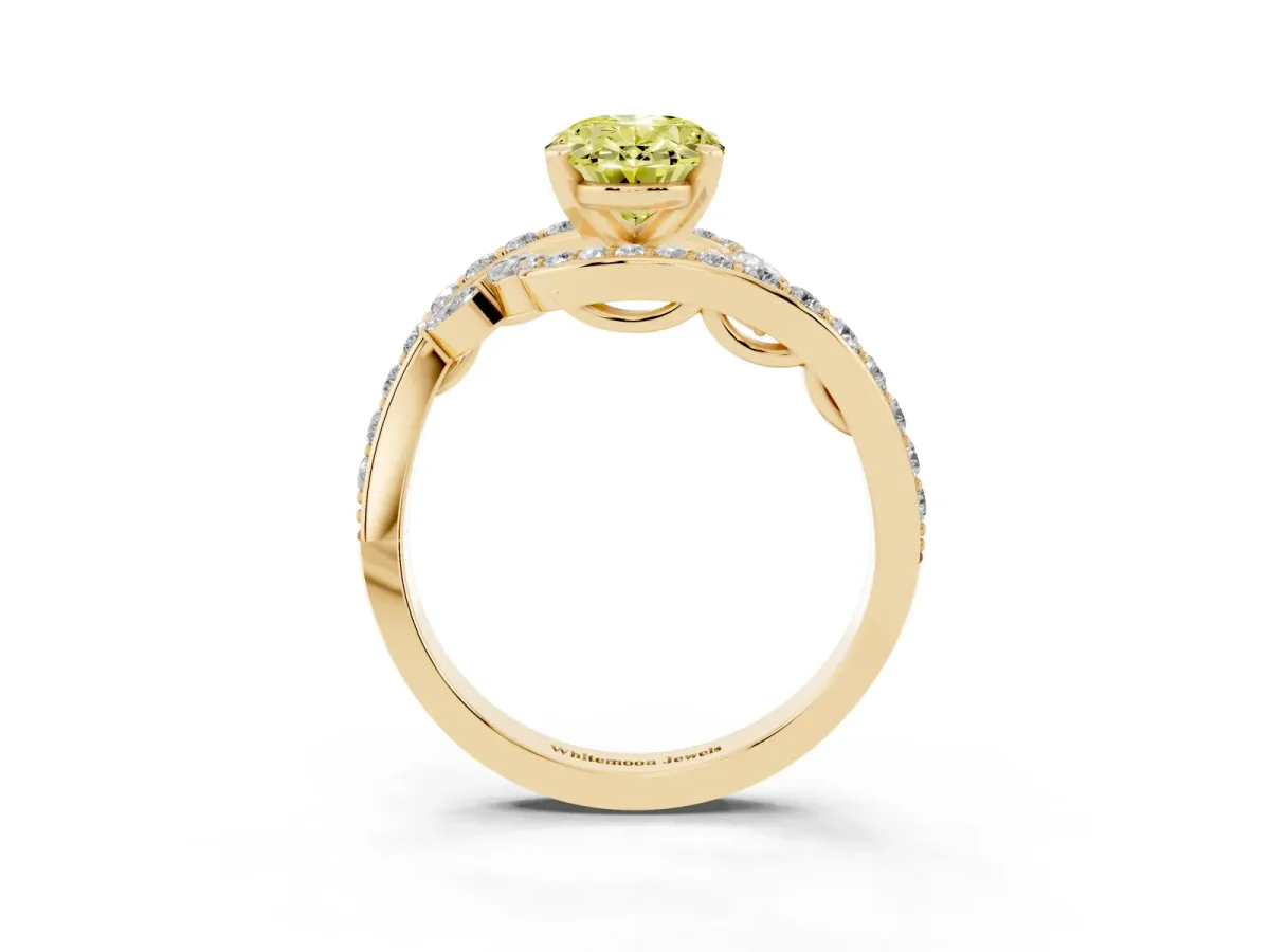 Fancy Yellow Oval Cut Solitaire with Pavé Twist Band and Four-Prong Setting Yellow gold