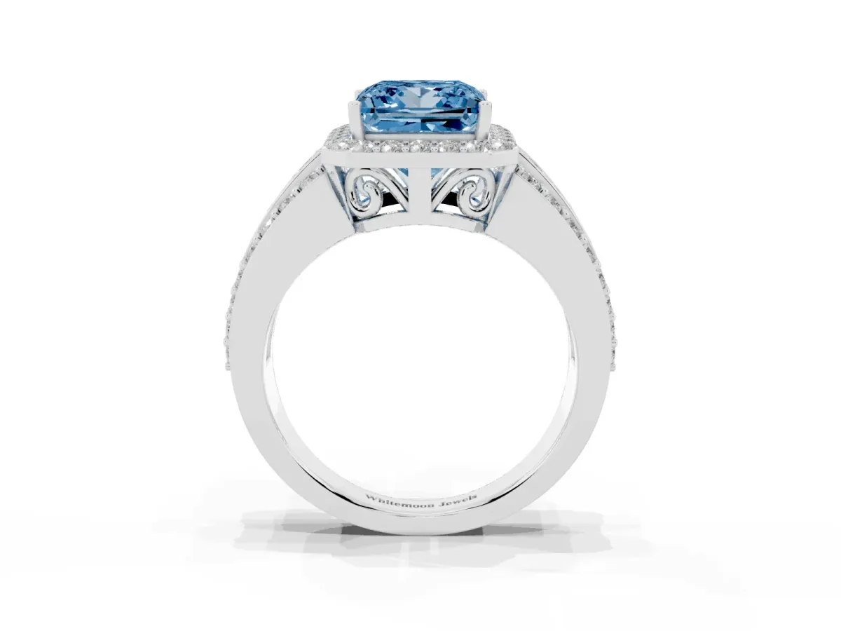 Fancy Blue Princess Cut Halo Diamond Ring with Round Split Shank and Prong Setting Silver