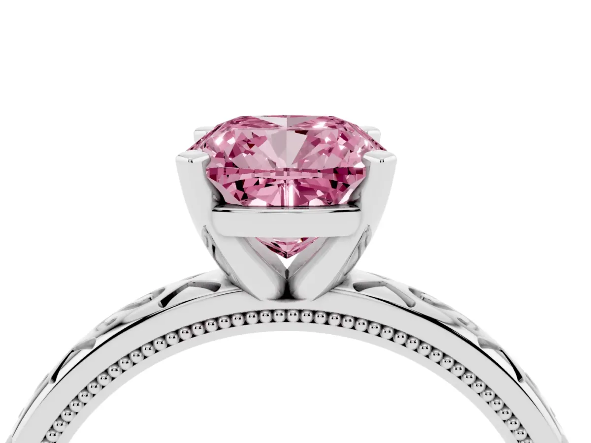 Fancy Pink Cushion Cut Solitaire Engagement Ring with Scrollwork Band and Four-Prong Setting Platinum