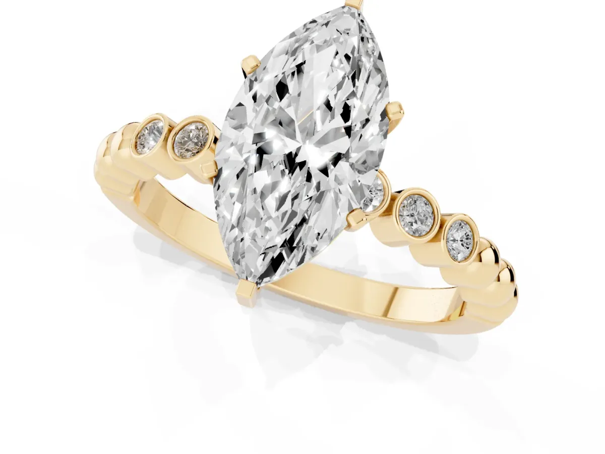 Marquise Cut Solitaire Bezel Accent Diamond Engagement Ring with Beaded Band and Four-Prong Setting Yellow gold