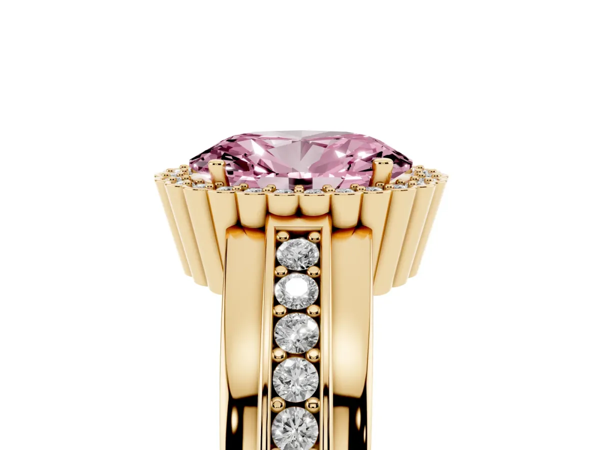 Fancy Pink Oval Cut Cut Halo Pave Band Four-Prong Ring Yellow gold