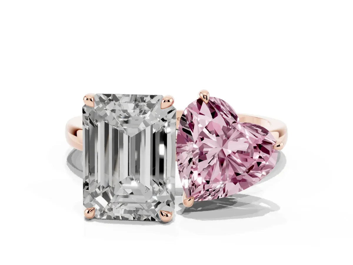 Fancy Pink Heart Cut and Emerald Cut Toi Moi Ring with Prong Setting Rose gold