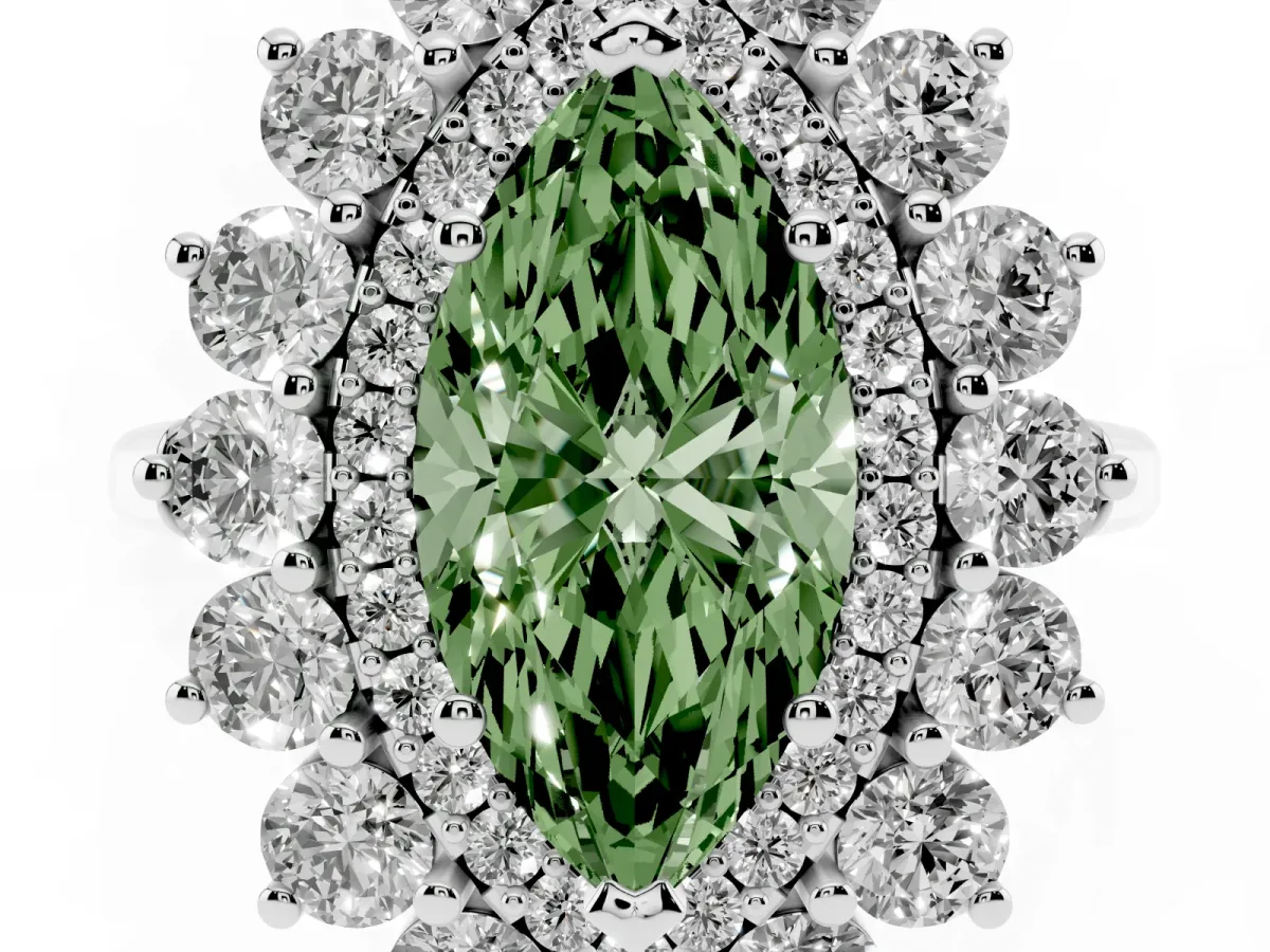 Fancy Green Marquise Cut Diamond Floral Double Halo Engagement Ring with Prong Setting Platinum