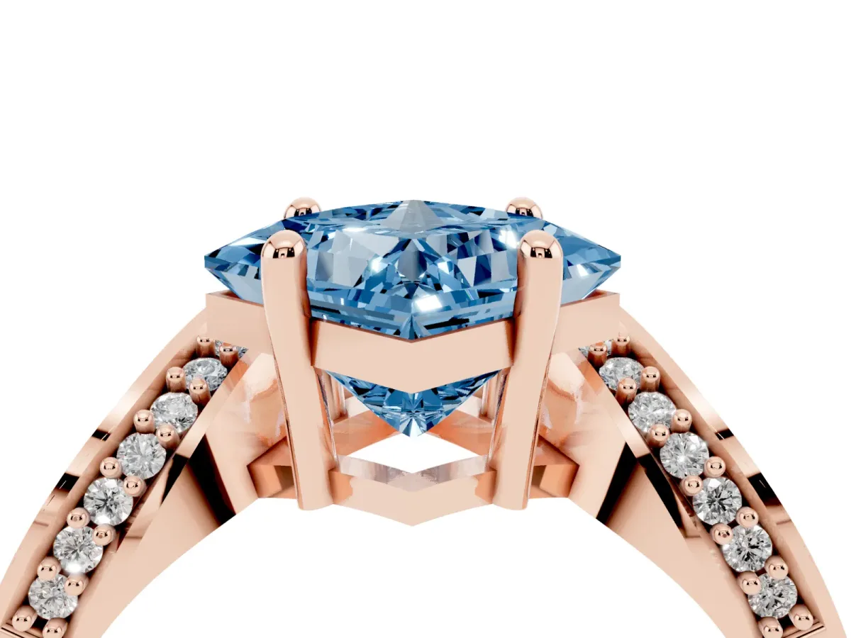 Fancy Blue Princess Cut Solitaire Diamond Engagement Ring with Pave Band and Four-Prong Setting Rose gold