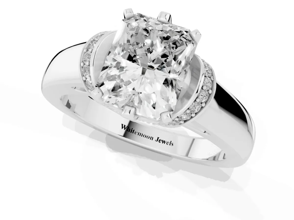 Radiant Cut Solitaire Diamond Ring with Pave Band and Six-Prong Setting Silver