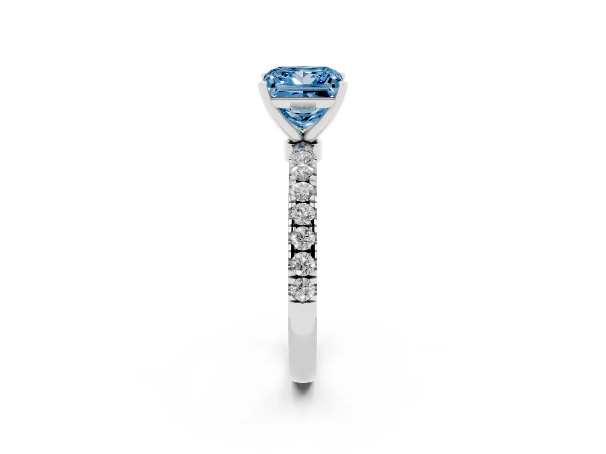 Fancy Blue Princess Cut Diamond Solitaire Ring with Pavé Accents and Four-Prong Setting Platinum
