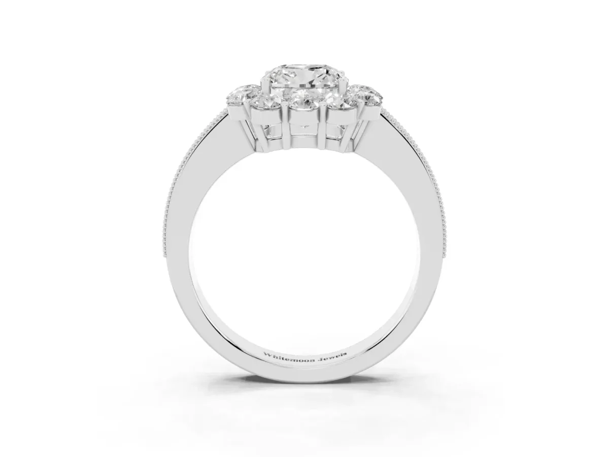 Cushion Cut Cut Halo Diamond Pavé Engagement Ring with Milgrain Detailing Silver