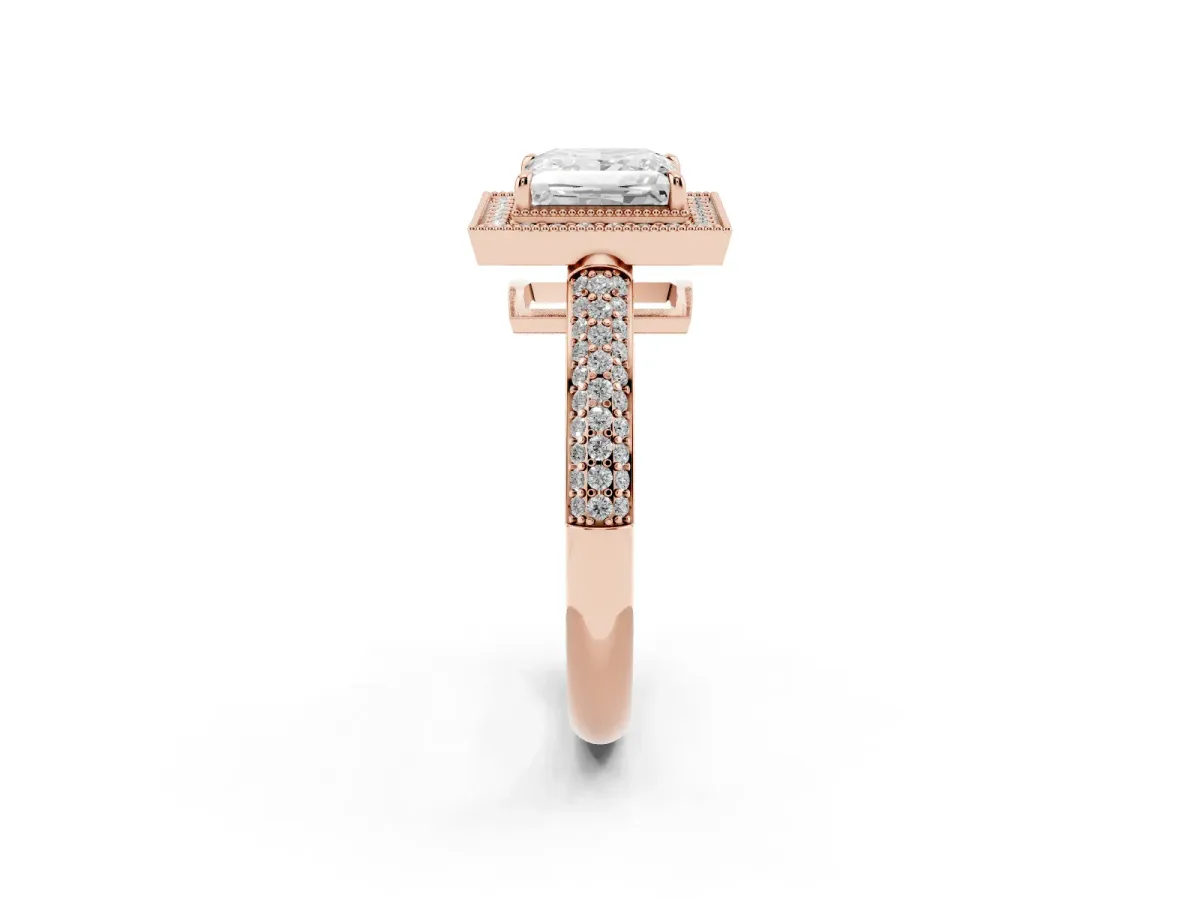 Princess Cut Cut Halo Diamond Pave Band with Four-Prong Setting Rose gold