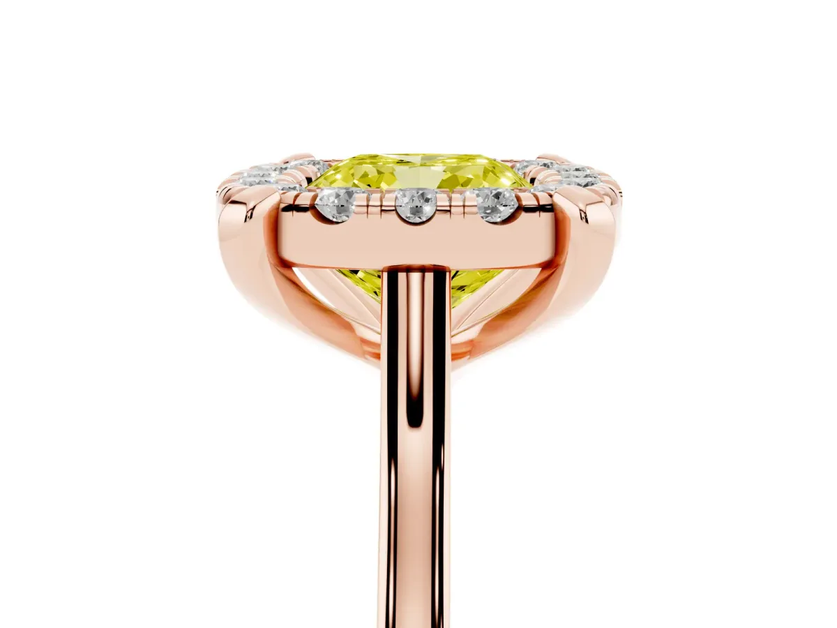 Fancy Yellow Cushion Cut Diamond Cluster Halo Solitaire with Four-Prong Setting Rose gold