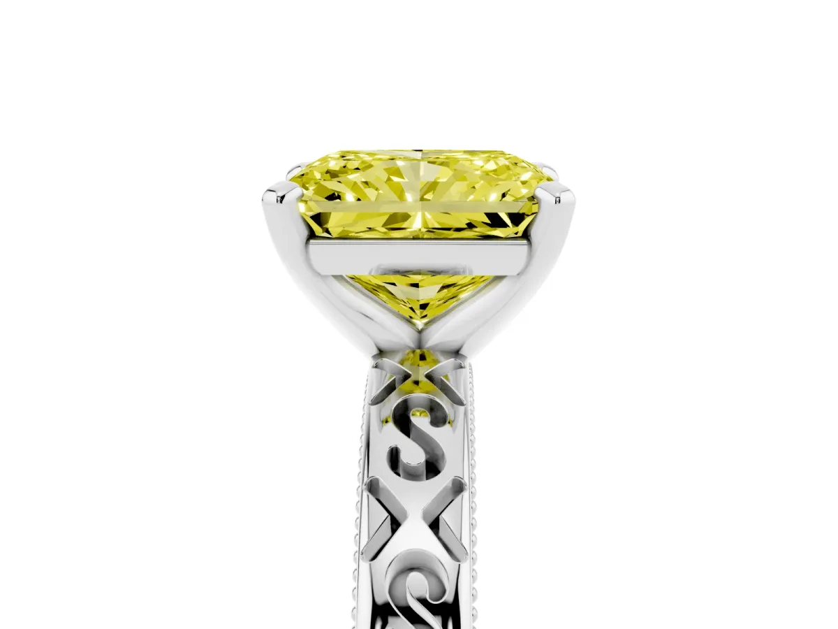 Fancy Yellow Radiant Cut Solitaire Engagement Ring with Scrollwork Band and Four-Prong Setting White gold