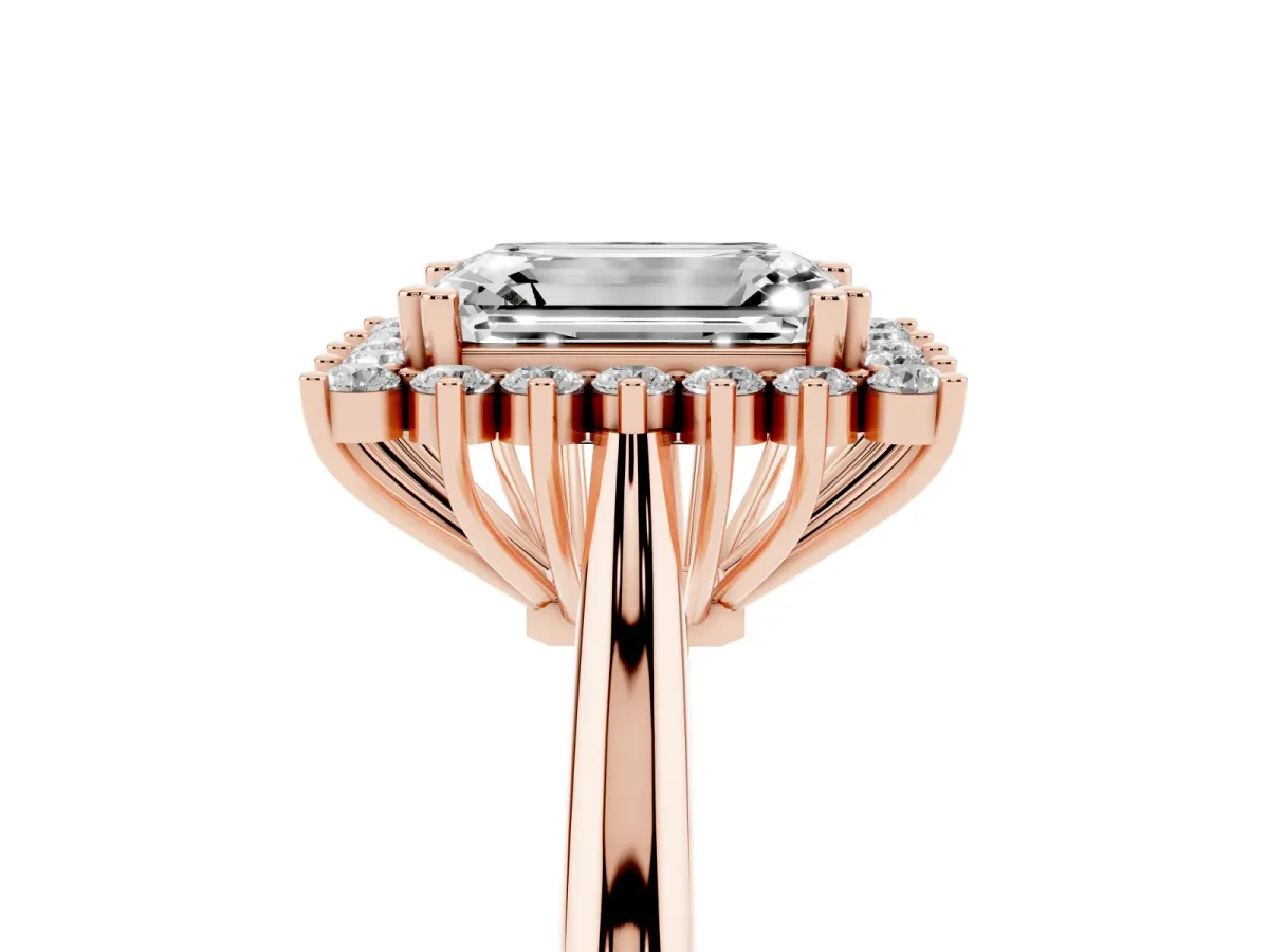Emerald Cut Cut Diamond Halo Ring with Solitaire Band and Prong Setting Rose gold