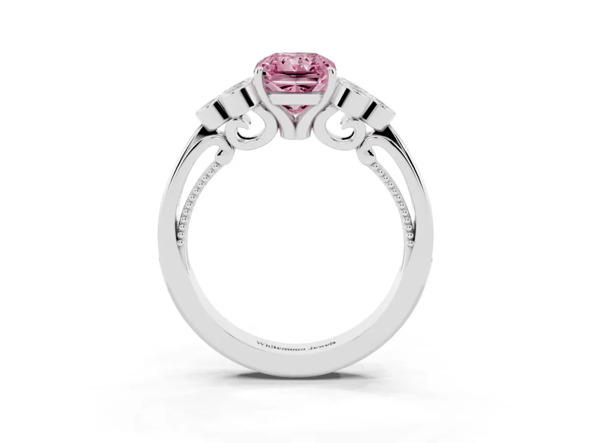 Fancy Pink Radiant Cut Cut Diamond Engagement Ring with Bezel Set Round Side Stones and Prong Setting Silver