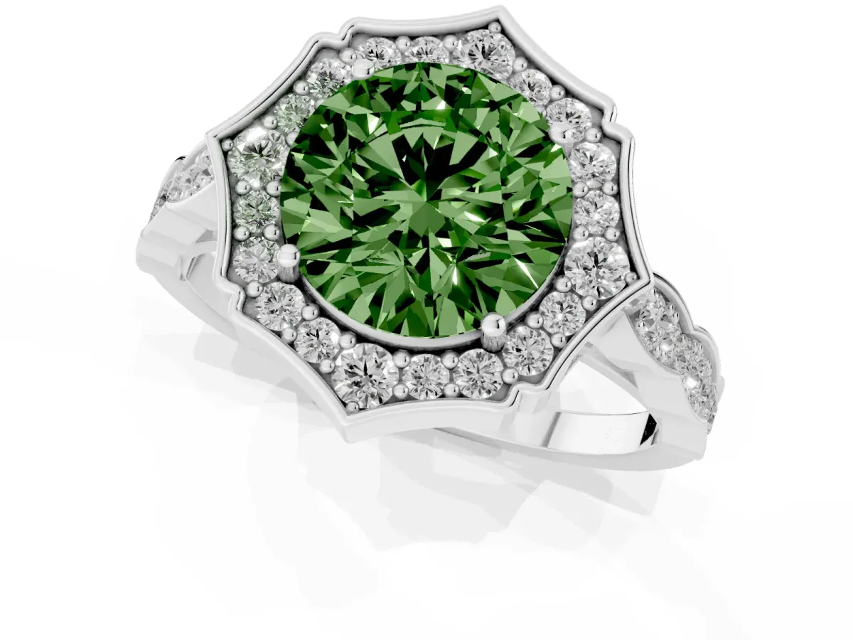 Fancy Green Round Cut Halo Diamond Engagement Ring with Milgrain Band and Four-Prong Setting Silver