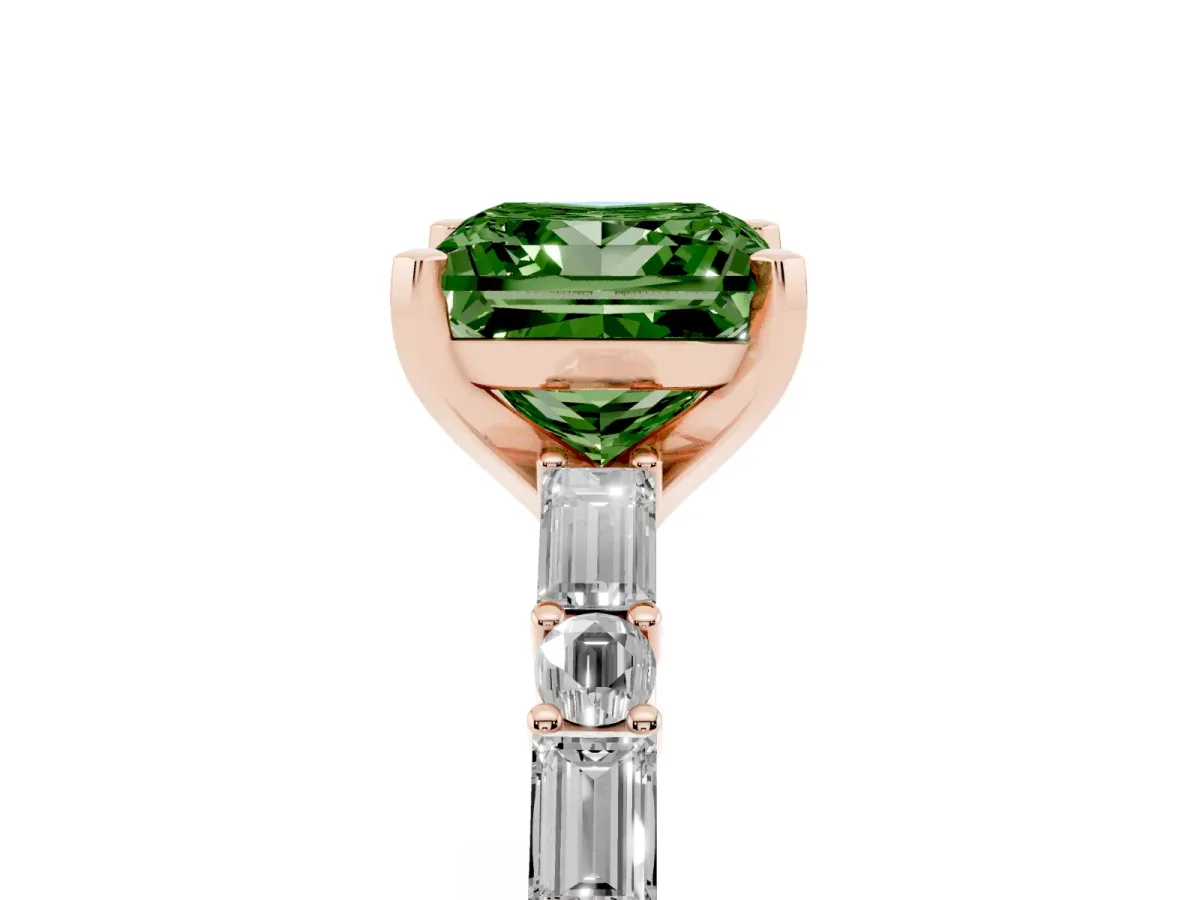 Fancy Green Princess Cut Diamond Solitaire with Side Baguettes and Channel Set Band Rose gold