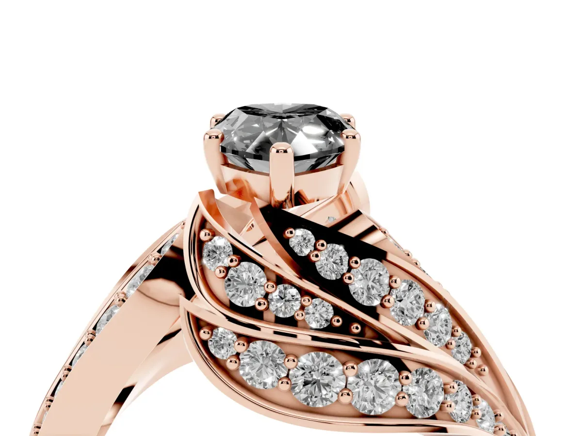 Fancy Black Pear Cut Diamond Solitaire Ring with Prong Setting and Twisted Pavé Band Rose gold