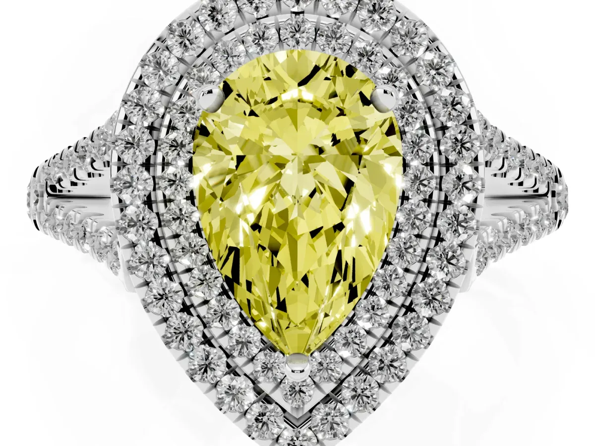Fancy Yellow Pear Cut Diamond Double Halo Ring with Pavé Band and Prong Setting Platinum